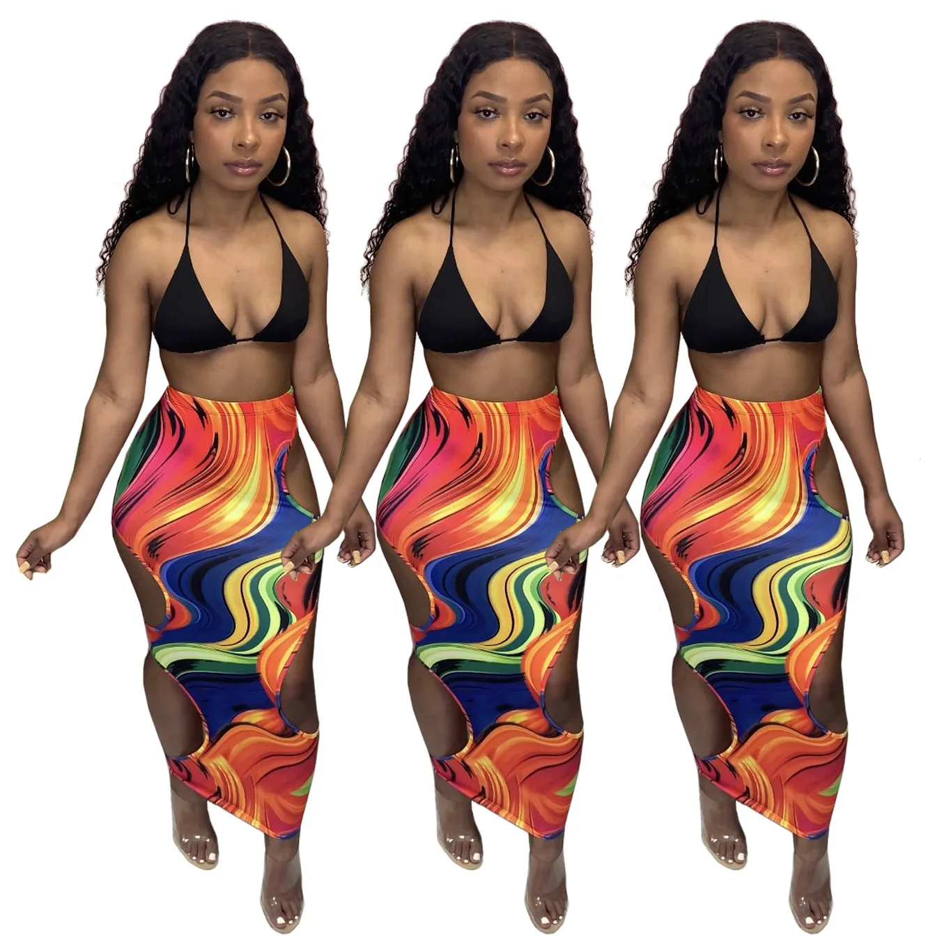 

2021 new design trendy hole cut out skirt ladies tight slim fit dress sexy bodycon printing Hip long skirt club wear, 2 colors