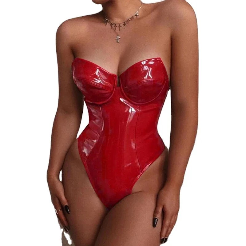 

2021 PU Leather Sexy Backless Bodycon Playsuit Black Strapless Rompers Womens Jumpsuit Night Club Party Overalls Red Bodysuits, Red yellow purple white blue