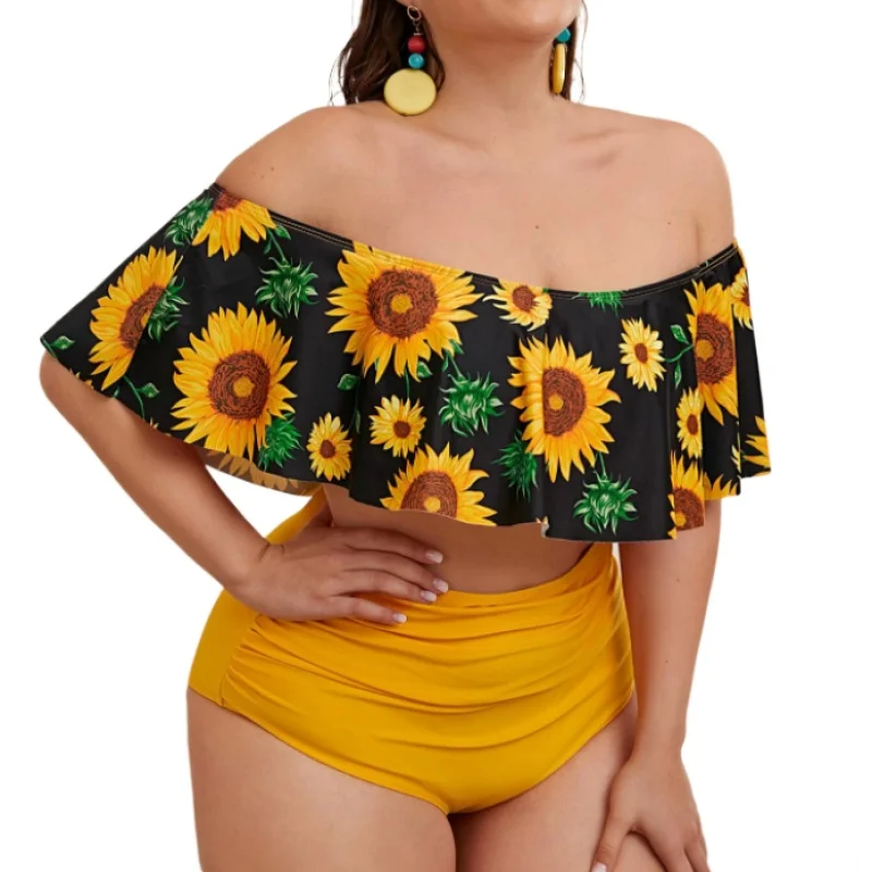 

OEM Factory Swimsuit Private Label Large Size Beachwear Fat Women Maillot Plus Sunflower Flounce High Waisted Bikini Swimsuit, Yellow, black, print