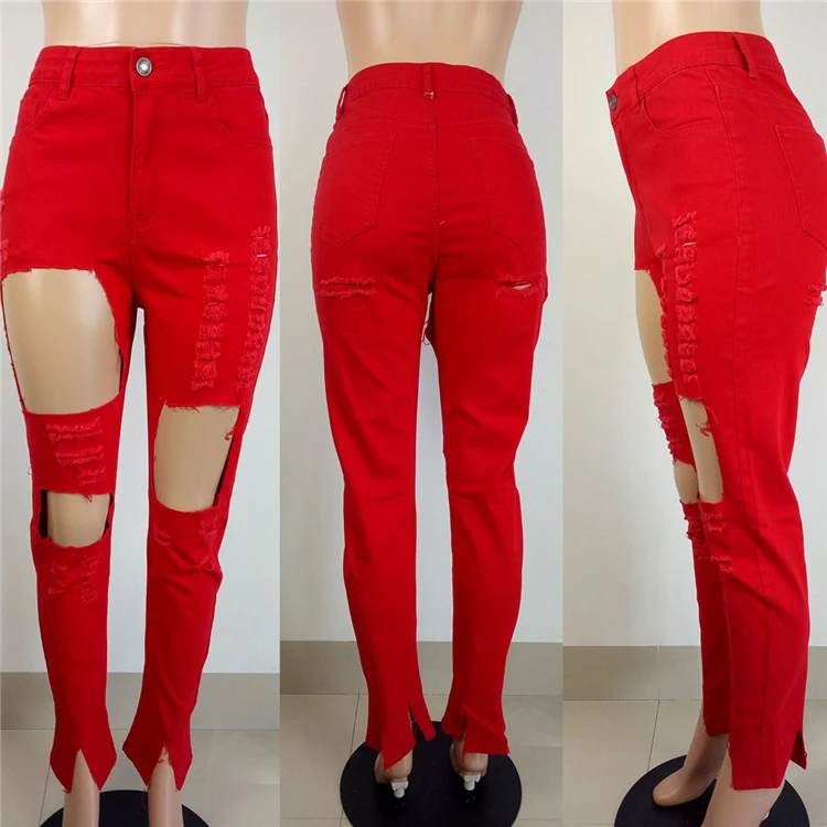 Wholesale Latest Design Fashion Casual Solid Color Hole Jeans Pants Ladies High Waist Jeans Pants Trousers