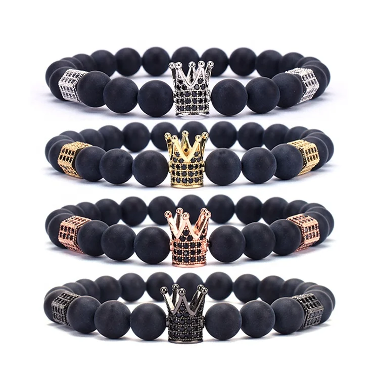 Wholesale China 8mm Black Natural Stones Rhinestone Men Crown Bead Bracelet For Gifts