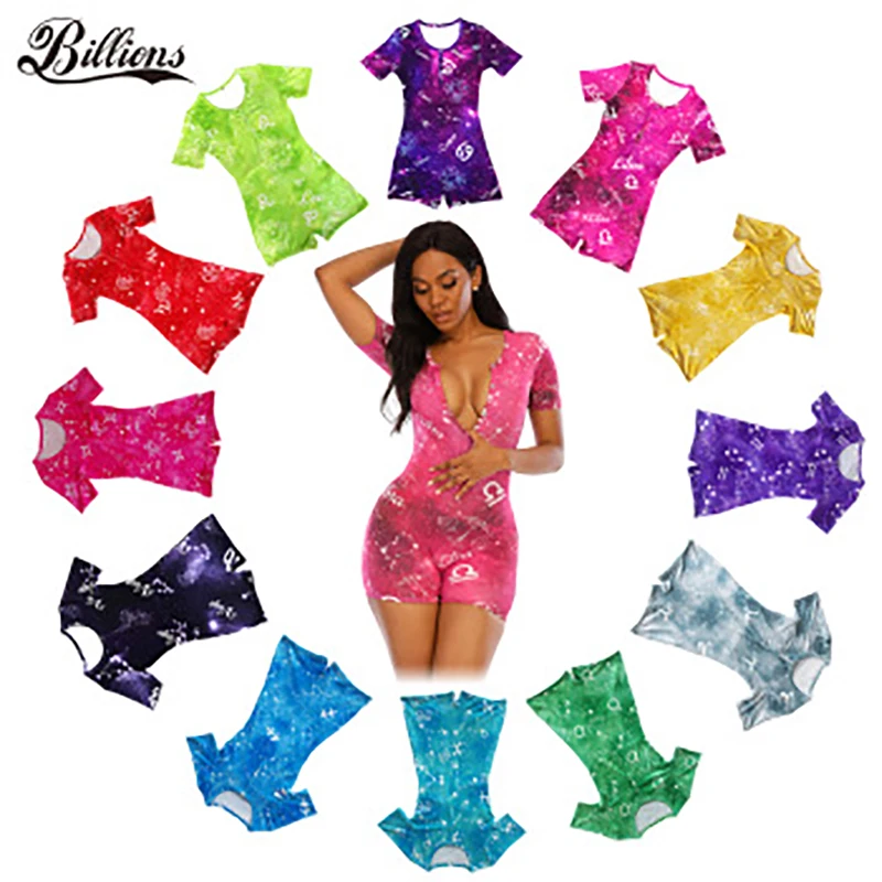 

Free Shipping Zodiac Printed Plus Size Solid Color Short Sleeve Women Onesie Sexy Adult Onesie Pajama, Picture