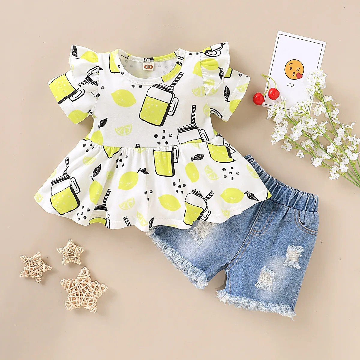 

rts IN Europe and the United States baby children's summer denim shorts suit sister kids clothes sets