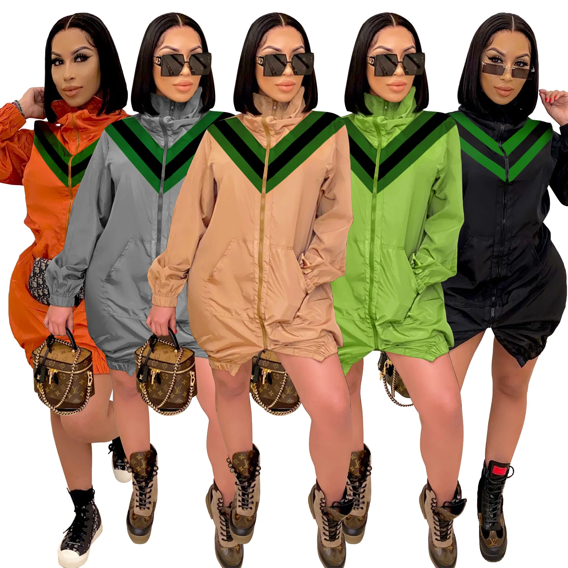 

2021 New fashion luxury big V-neck stitching high collar windbreaker jacket original overall jacket women