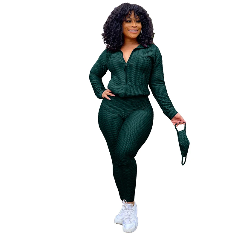 

New design Spice three Piece hoddies and Butt Lifter Yoga Pants dark green sweatsuit women tracksuit