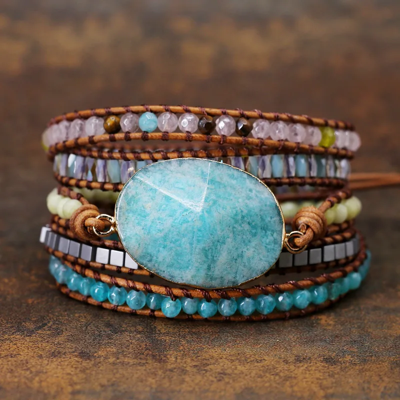 

Womens Wrap Bracelet Amazonite Crystal 5X Leather Strap Bracelets Multilayers Statement Punk Bracelet Yoga Bracelet Dropshipping