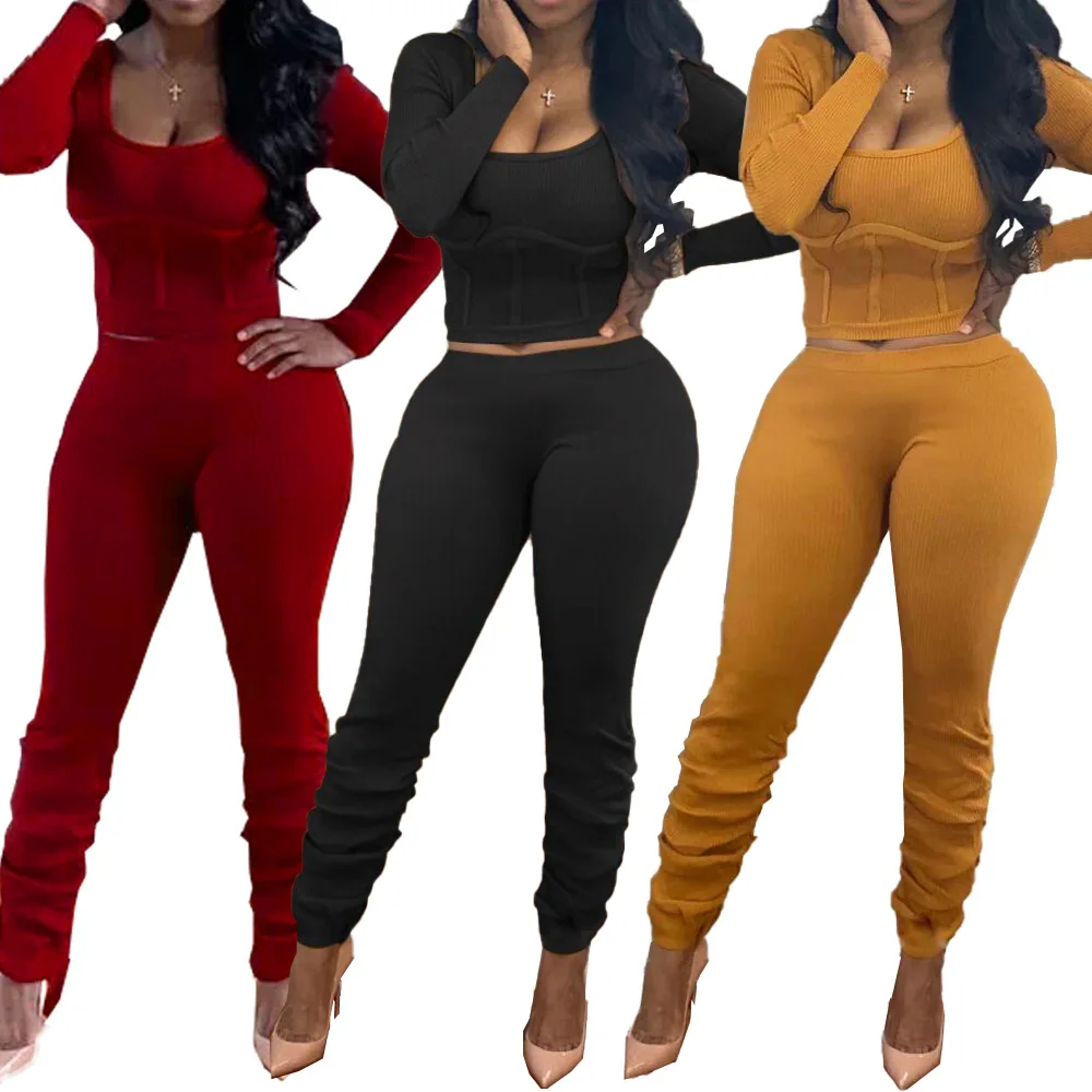 

Fitted crop top athleisure ribbed set knitted 2 piece 2021 popular two piece sets for woman