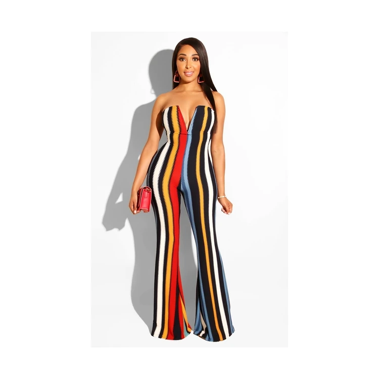 

Factory Outlet Off-the-shoulder V-neck Sawtooth Striped Jumpsuit
