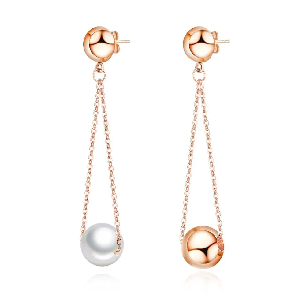 

Simple pearl tassel earrings sweet personality stainless steel drop earrings wholesale(SK1156), Rose gold