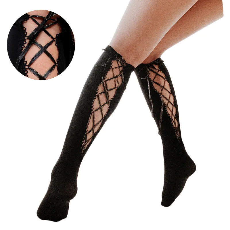 

Fashionable Custom Women Black Sexy Uniform Tie Bandage Silk Fishnet Thigh High Tights Stocking