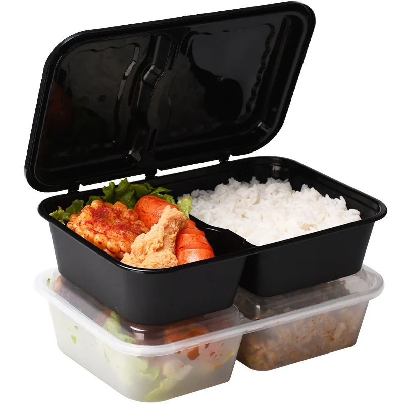 

PP one time two compartment 750ml 1000ml bento box lunch boxes with cover, Clear black