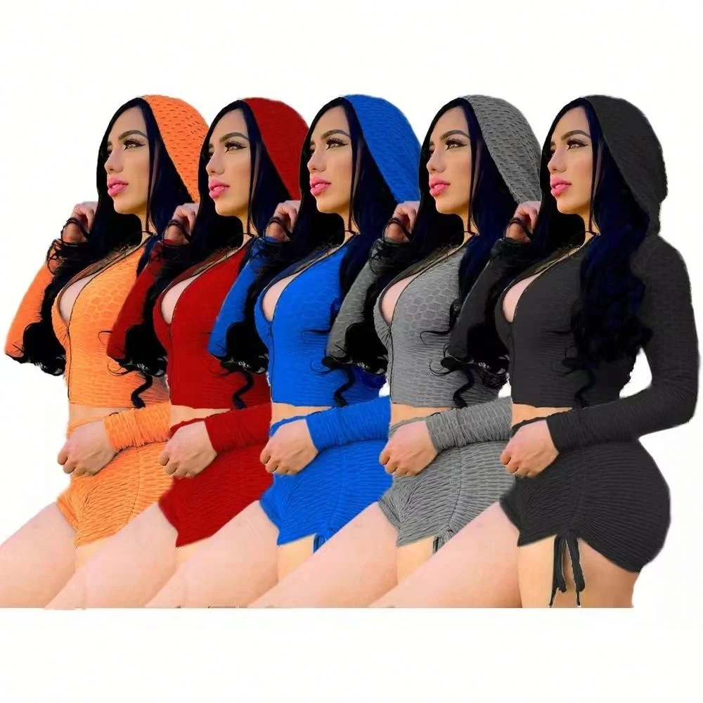 

2021 summer sweatsuit women yoga crop top and biker shorts sets waffle bubble cloth Sports set shorts hooded two piece set, Picture