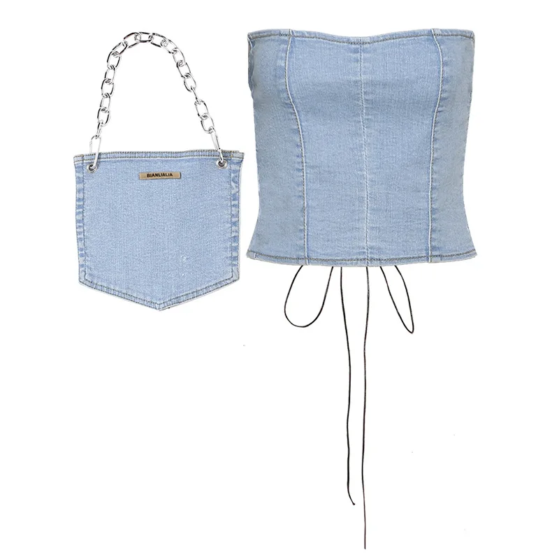 

2021 new arrivals summer collection sexy back tie short style denim women crop top with a denim bag