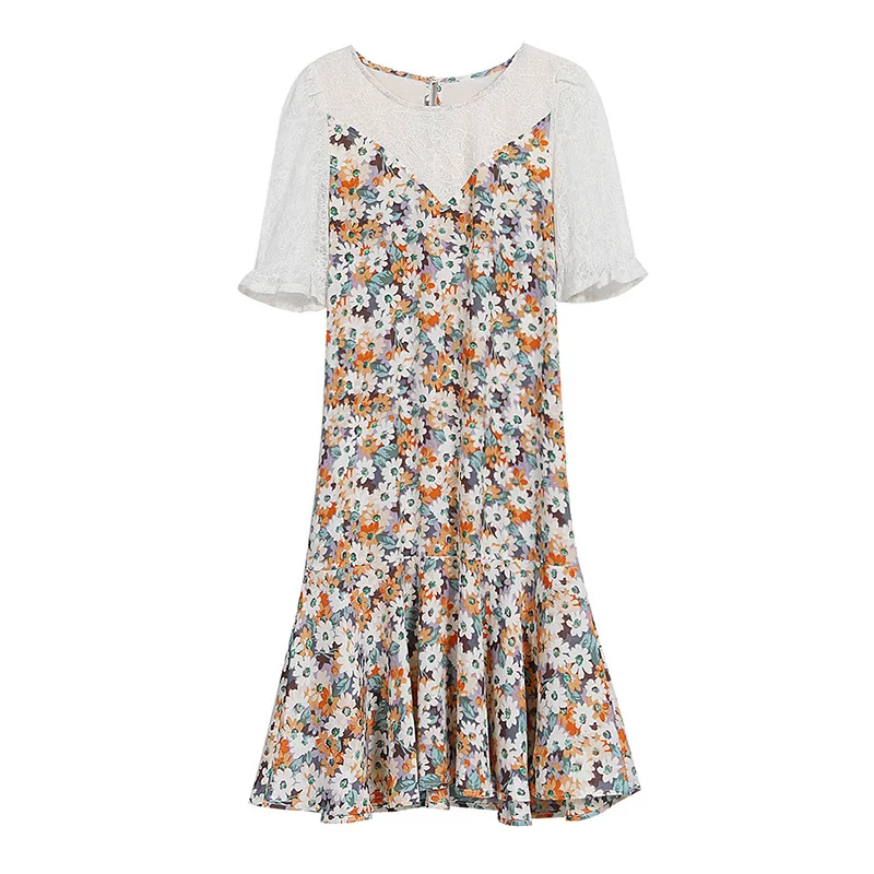 

Womens Summer Casual Floral Short Sleeve Lace Chiffon Mini Dress, 1 color