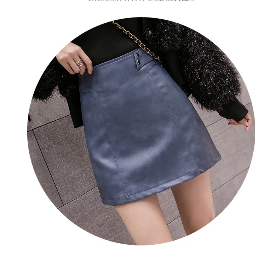

New Autumn Winter Chic Women PU Skirt High Waist Faux Leather Sexy Women Party PU Mini Skirts Korean Blue Female Mini Skirts