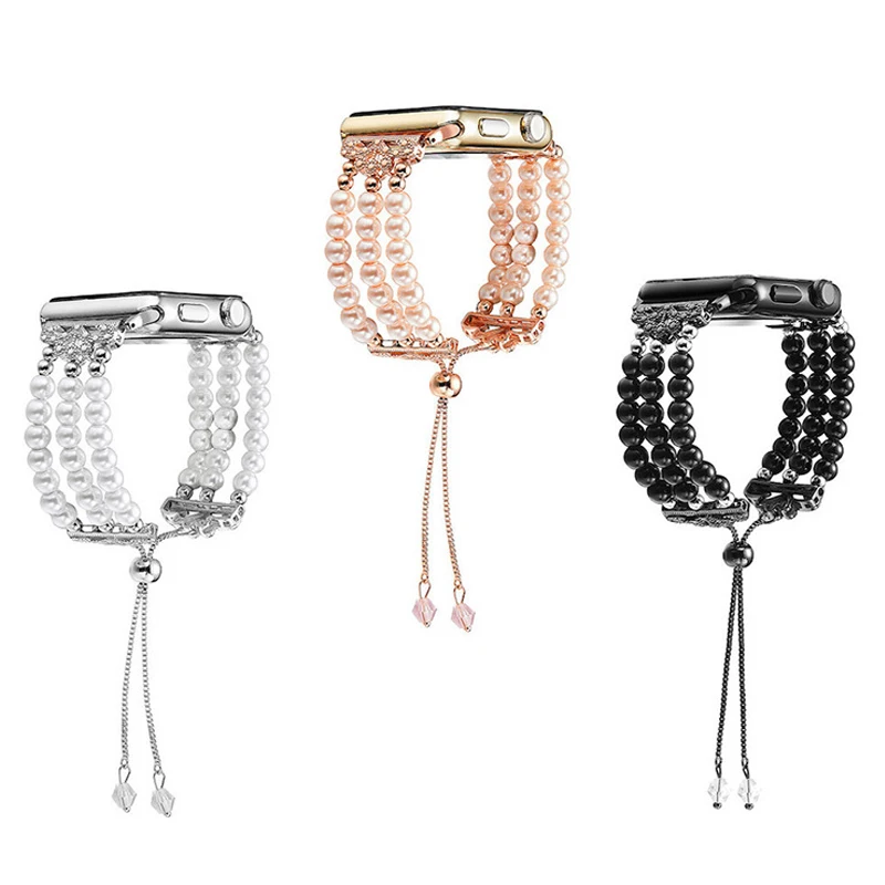 

Bracelet For Apple Watch 38mm 42mm Strap Accessories for iWatch series 5 4 3 2 1 40mm 44mm Adjustable Jewelry Pearl Watch Band, Black, silver, rose gold
