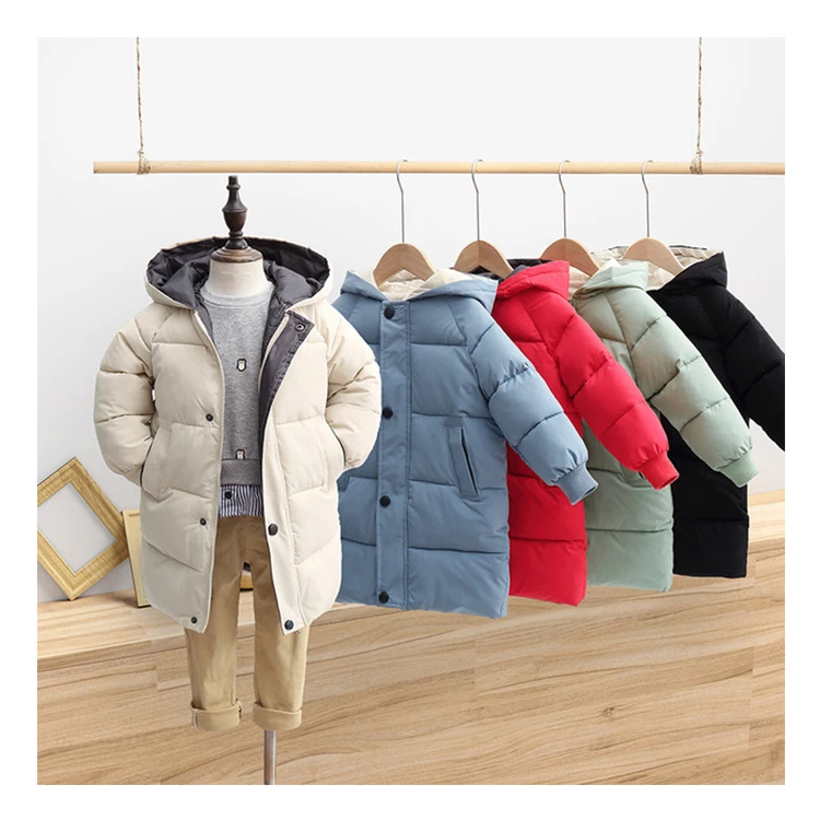 

Manteau enfants children warm clothes boys mid-length puffer down jacket solid girls thicken hooded padded kids winter coat