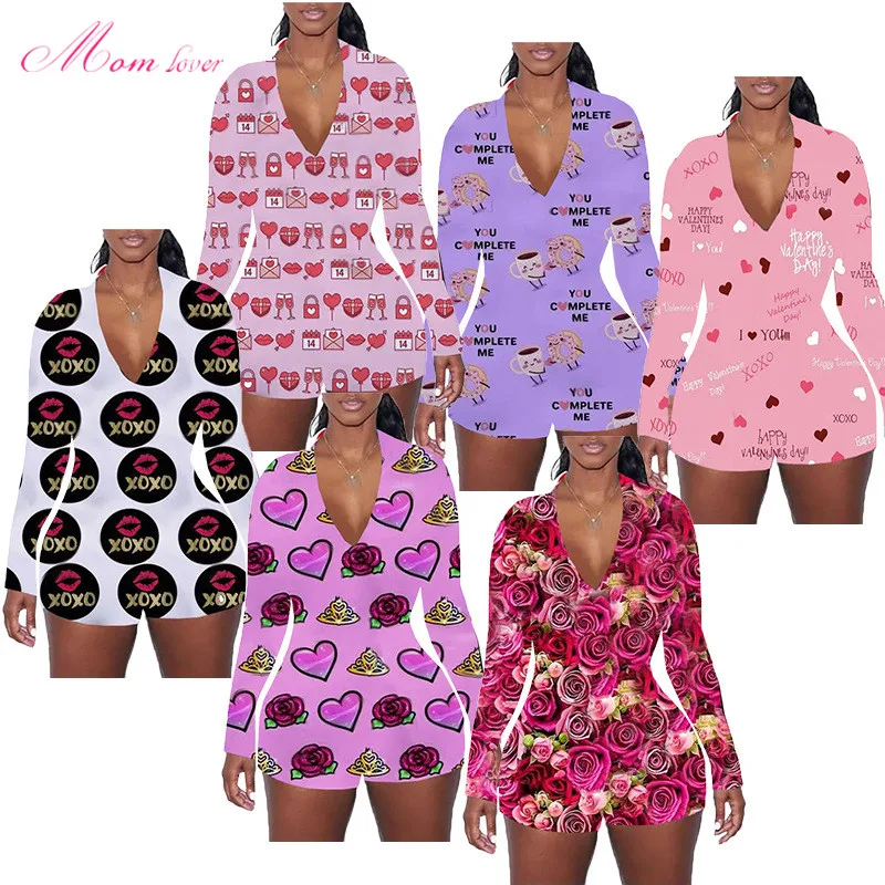 

2021 INS hot sale heart printing valentine pajamas daster sexy one piece outfit wholesale night wear onesie, Black