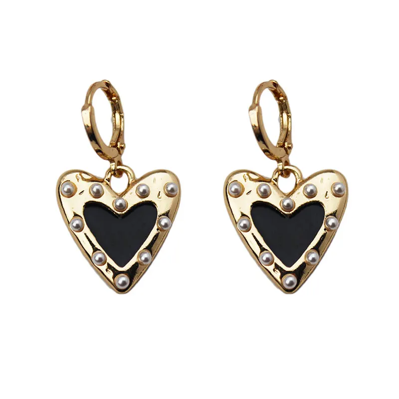 

Vintage Geometric Heart-Shaped Black Enamel Metal Earring Simple Imitation Pearl Alloy Women Jewelry Accessories 202105