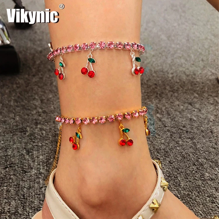 

Custom Luxury Jewelry Hip Hop Diamond Chain Tennis Chain Cherry Pendant Cuban Anklet Cuban Link Anklets, Gold sliver