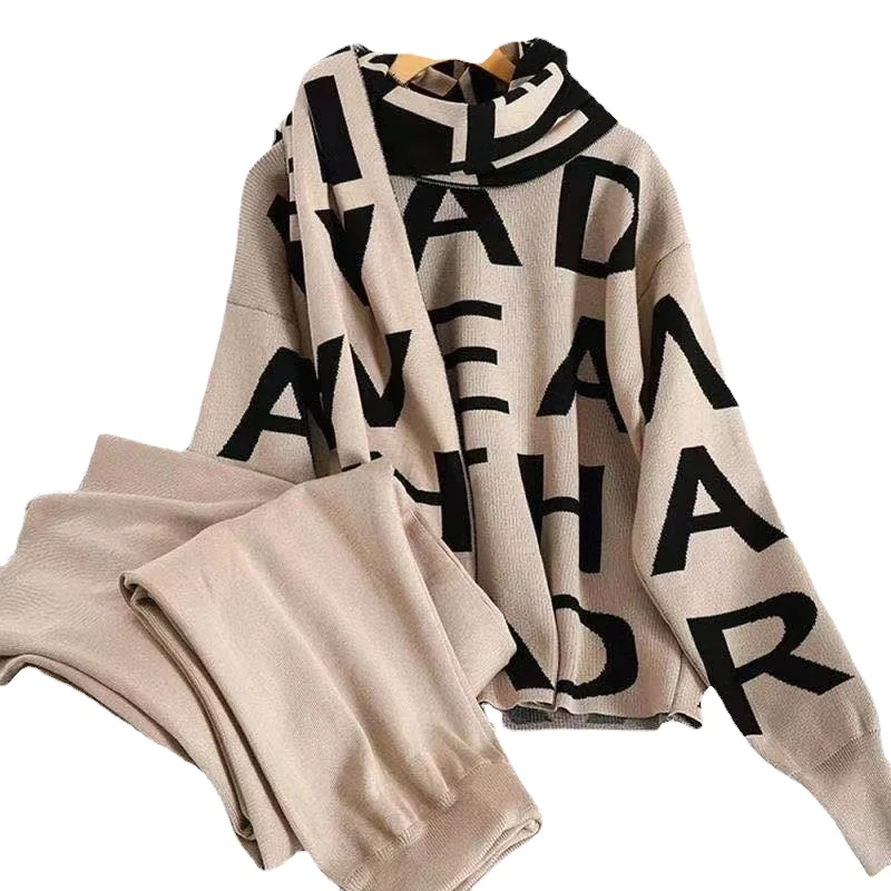 2025 Boutique Sporty Summer Collection Women's Casual O-Neck Jacquard Knitted Sweater Set Wide Leg Pants Printed Waterproof