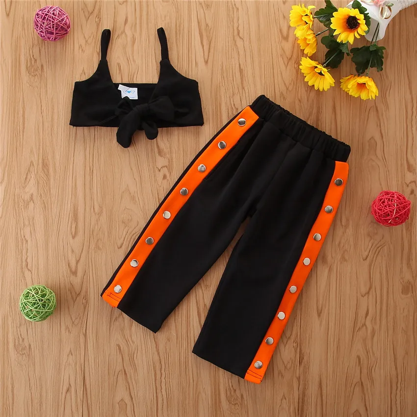 

Latest Design Girl Clothes Children Summer Sports Girls Kids Crop Tops Bows Shirts With Pants Children Clothes Set, Picture show