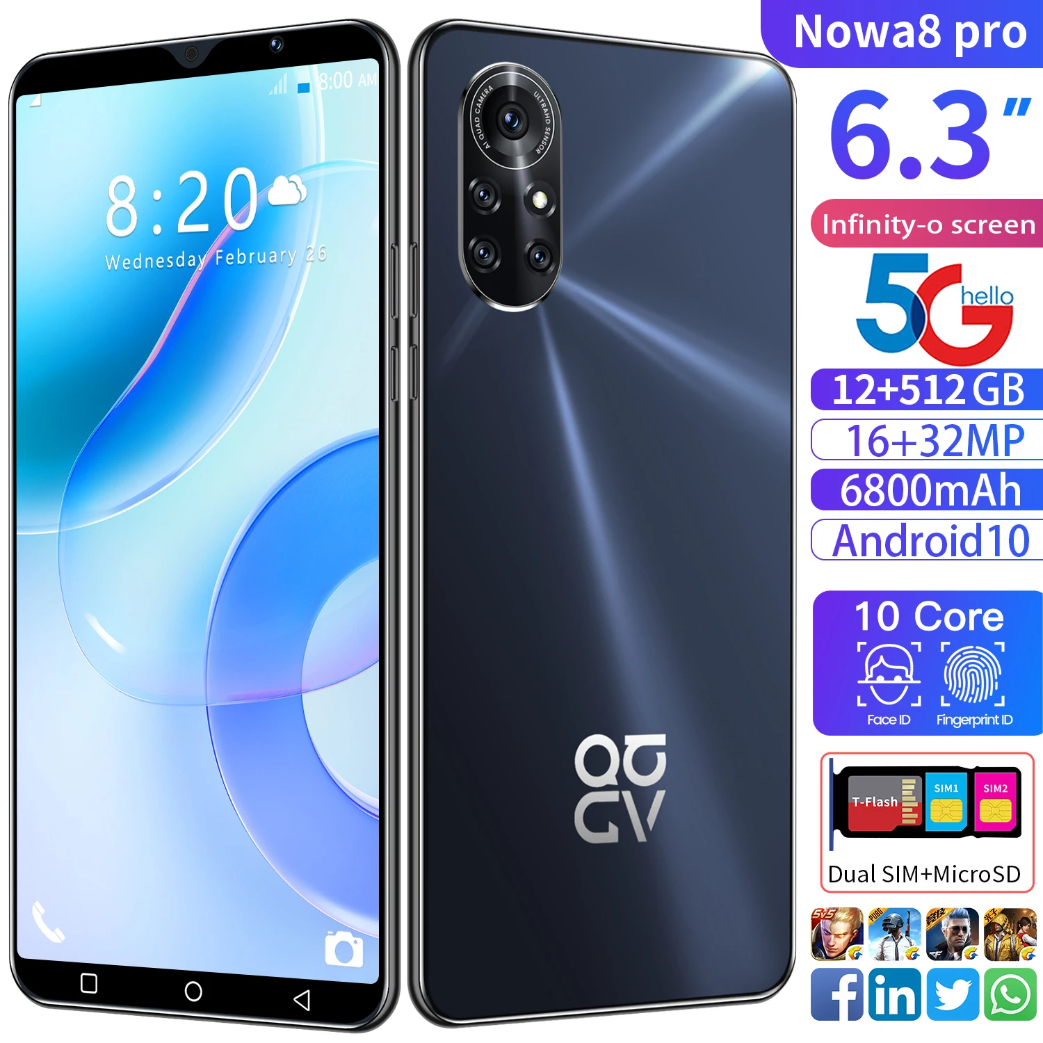 

Nowa8 pro 6.3 inch Big Screen 8GB+256GB Smartphone Android10 MTK6889 6800mAh 5G Cellphone Triple SIM Mobile Phone