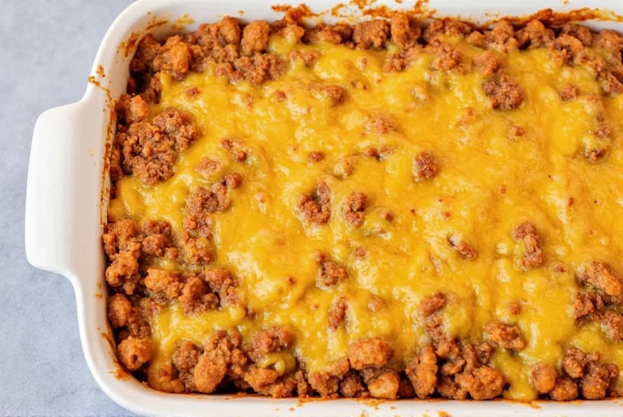 Chili macaroni bake in baking dish with melted cheese topping and breadcrumb crust