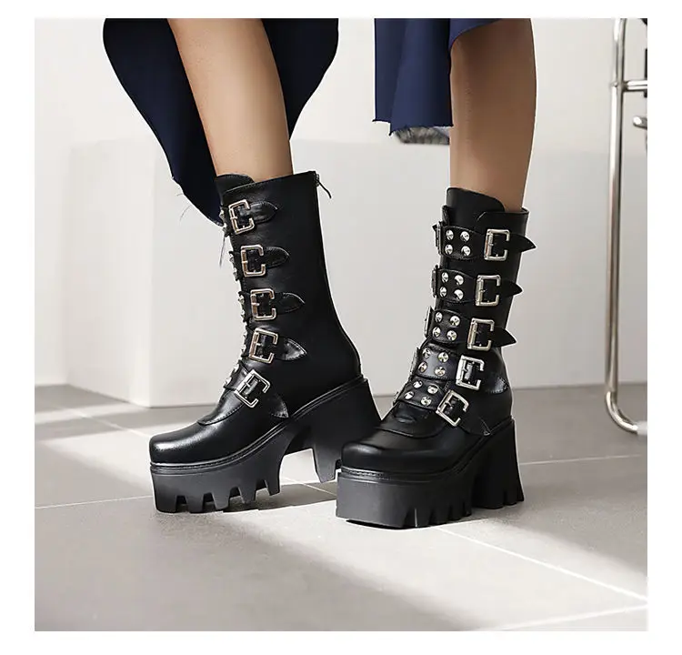 

Big Size 43 Design Platform Wedges Goth Black Mid Calf Motorcycle Boots Women Buckle Trendy Cool Punk Zipper Women Shoes