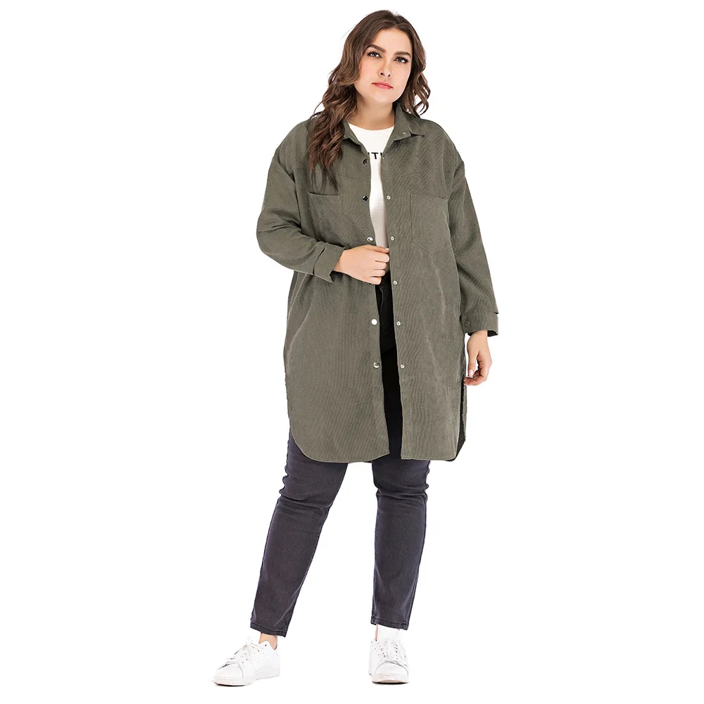

LEX new product Plus size fat women clothing 2021 woman Long Corduroy shirt coat