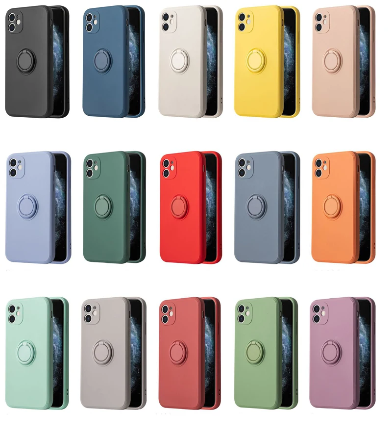 

Liquid Silicone Phone Case With Bracket Ring Lanyard For iPhone 13 12 11 Pro Max Silicon Solid Color Shockproof Protection Case