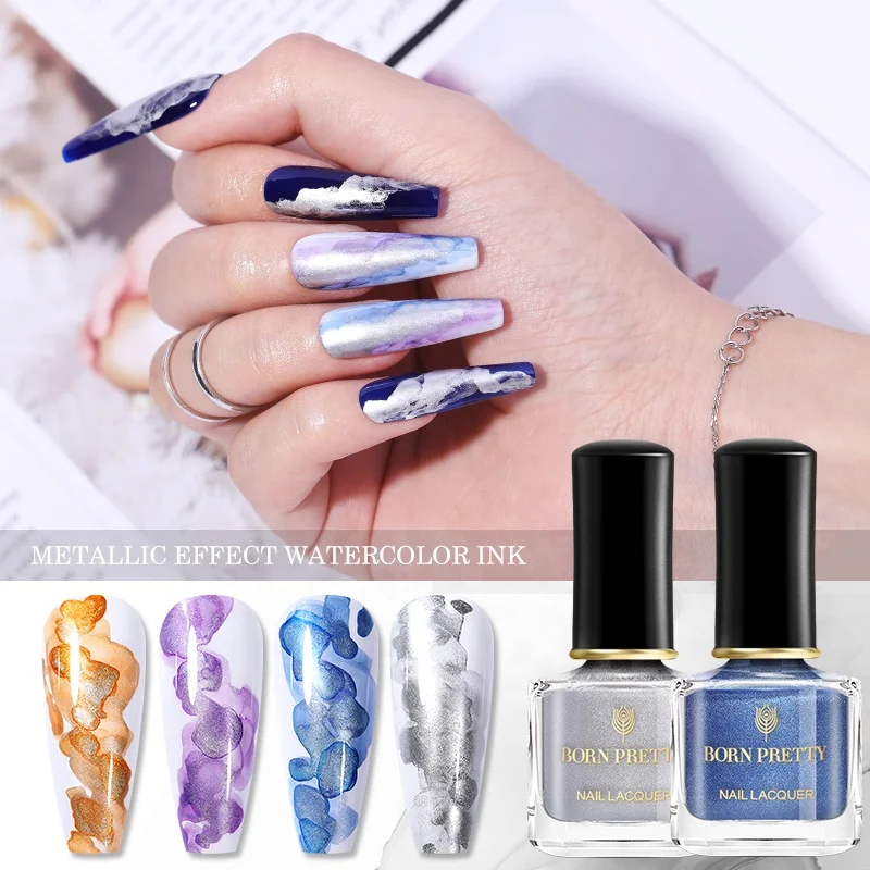 

BORN PRETTY 7ml Nail Paint Watercolor Ink Marble Metallic Effect Gold Purple Silver Blooming Nail Polish, 3 colors for choose