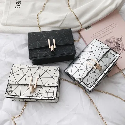 

M018 hot sell small chains satchel handbag ladies black square one-shoulder clutch bag with texture, White, black,silver