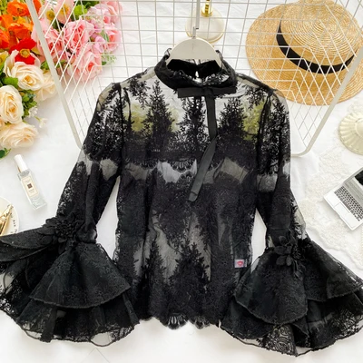 

French vintage court style women embroidered lace big trumpet sleeve blouse tops