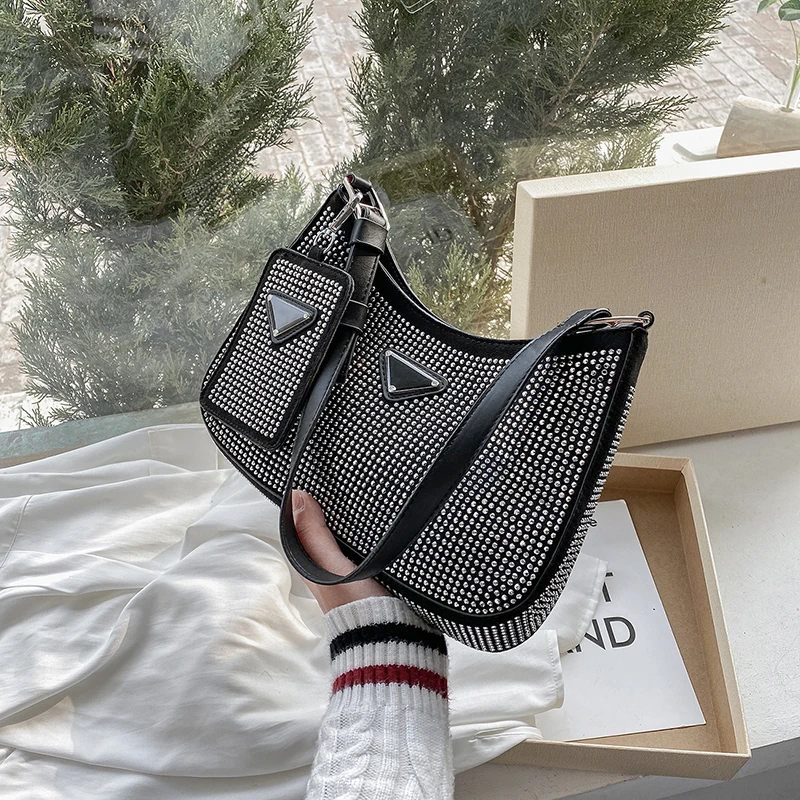 

2021 Simple design underarm purse women diamonds shoulder pu leather bag