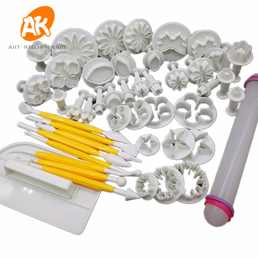 

AK 46pcs Plastic Fondant Flower Plunger Cutters Set Modelling Tools Dough Rolling pin Cake Smoother for Decorating Cake