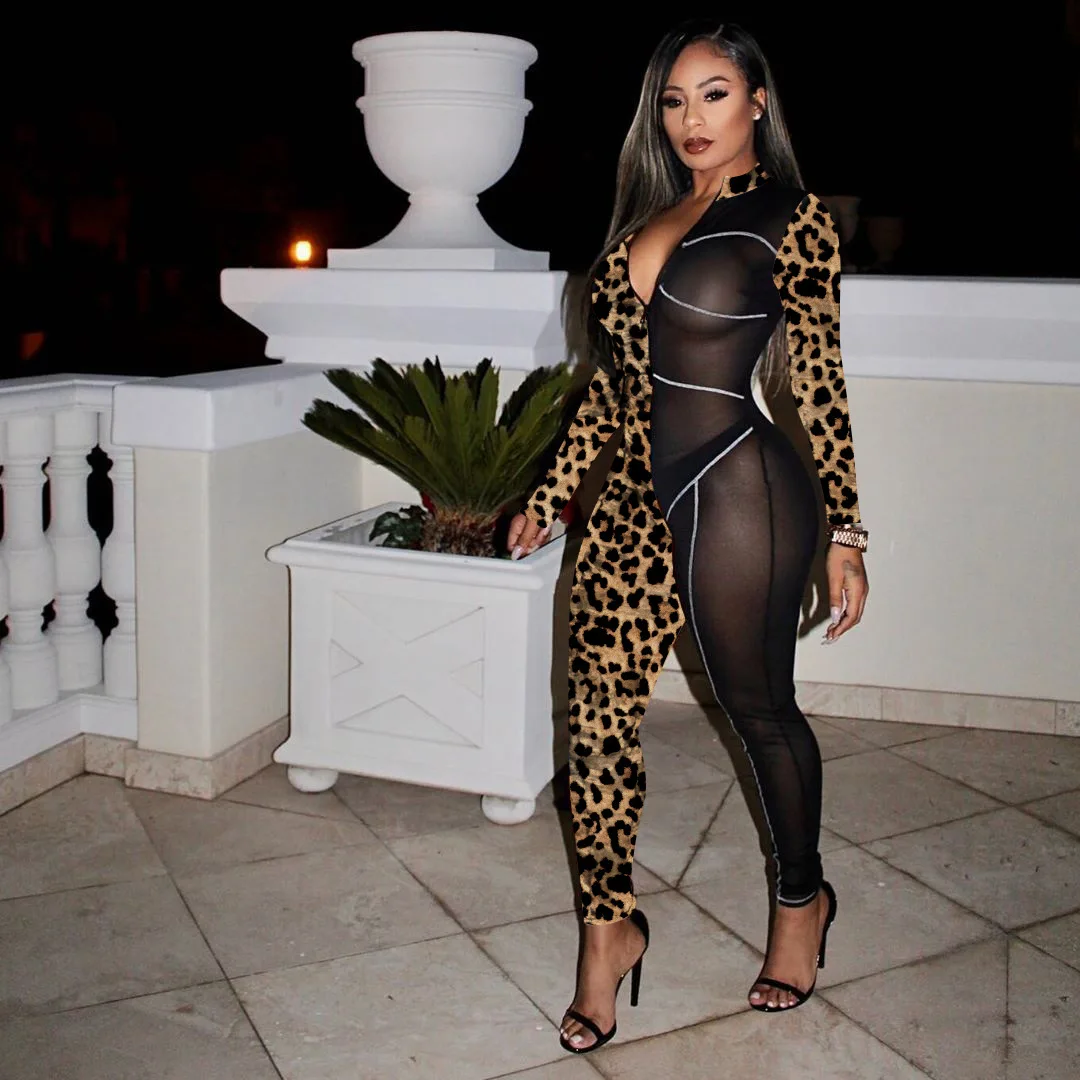 

2022 new arrival leopard print see through one piece jumpsuit long sleeve mesh sheer bodycon jumpsuit for women