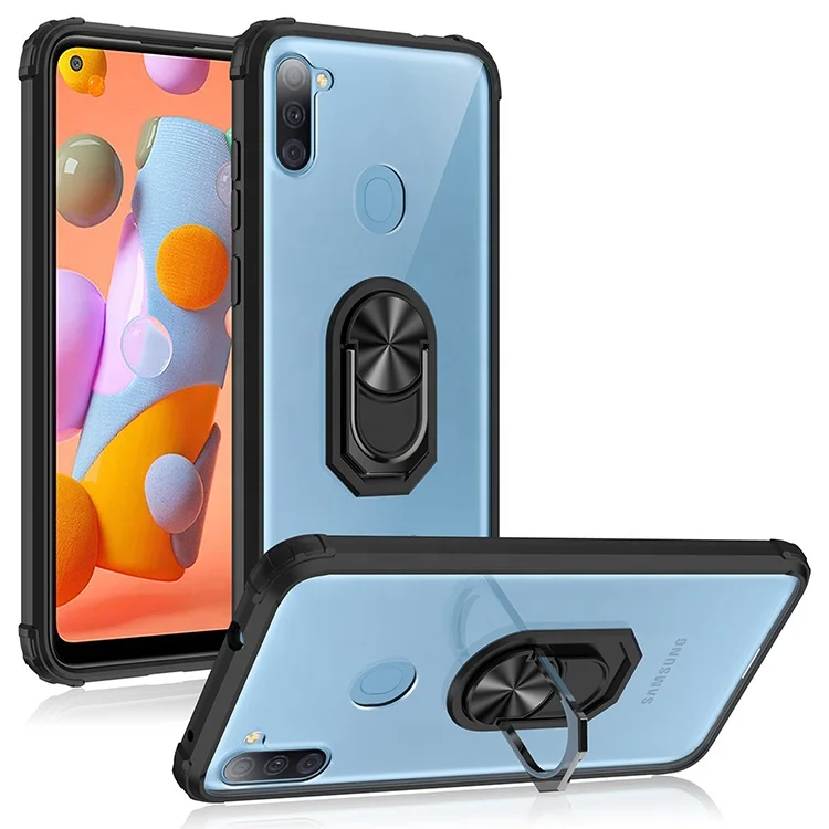 

Wholesale Custom Ring Hard PC Transparent Case Rotating Metal Stand Holder Phone Cover for Samsung A11 A21, Black, blue, silver, red