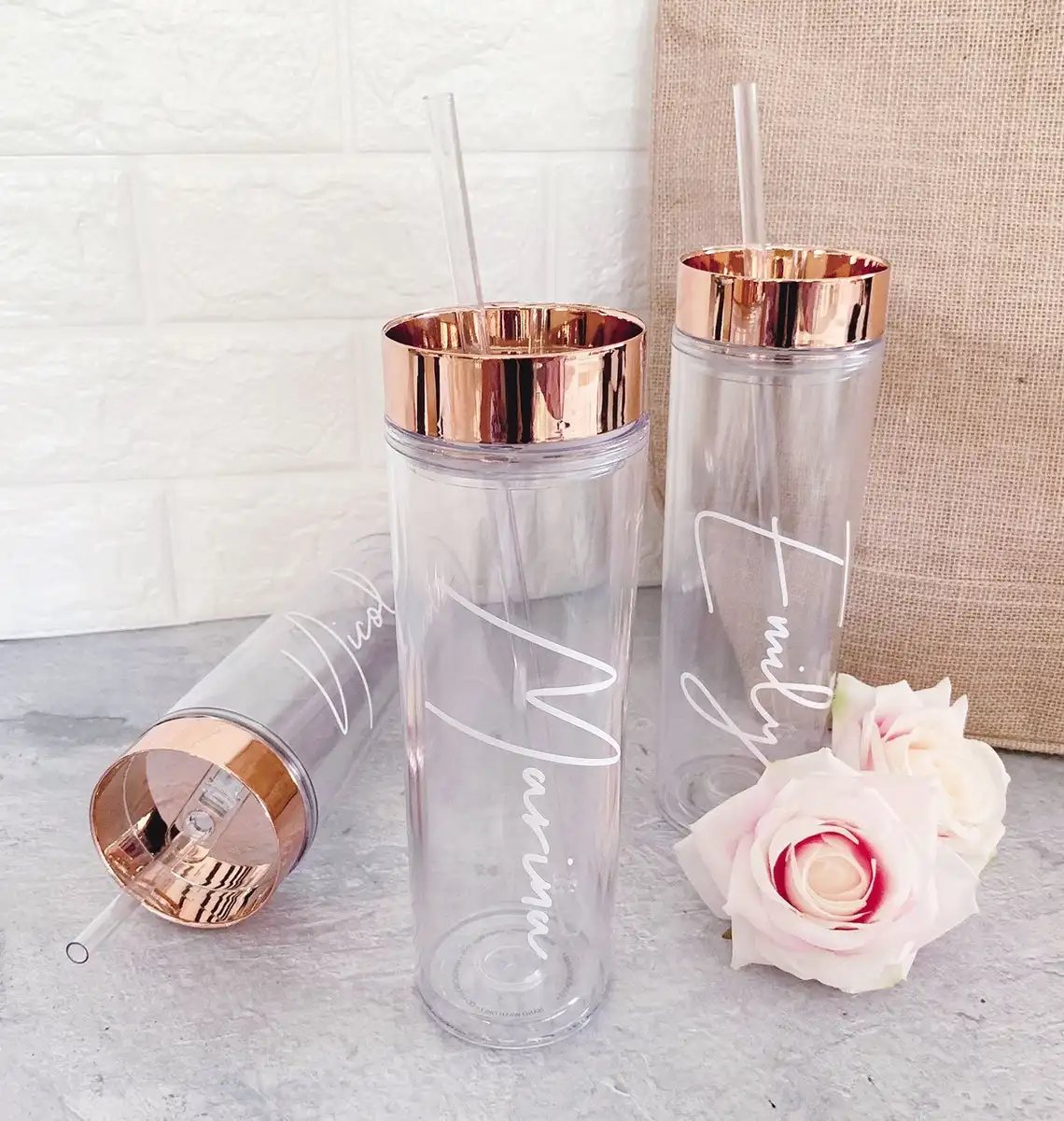 

Rose Gold Bridesmaid Cup 16oz Acrylic Clear Plastic Skinny Tumbler with Lid and Straw Double Wall Tumbler Reusable Cup, Clear box with different lid