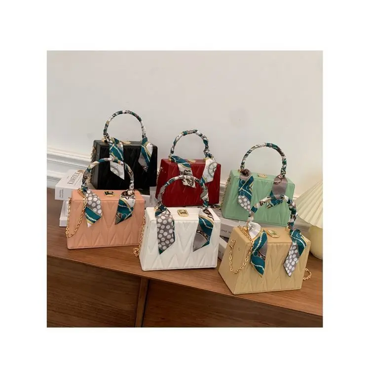 

Hot sale ladies box bag with ribbon handbags luxury design crossbody shoulder bag purse, Multicolor