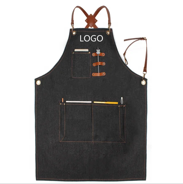 

Black Leather Belt Kitchen Cooking Denim Apron With Leather Straps Apron Denim, Can be customized