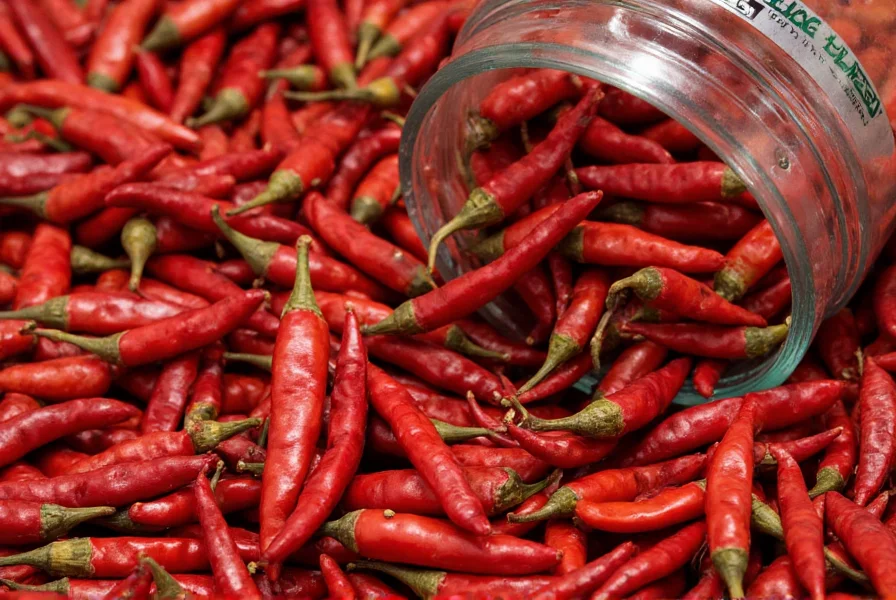Close-up of dried red chilies and halal certification logo on spice jar
