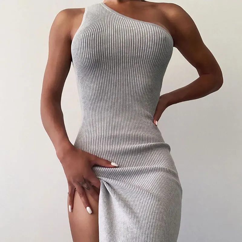 

Women new high split one shoulder sexy slim dress high quality ribbed knitted long dress, Gray