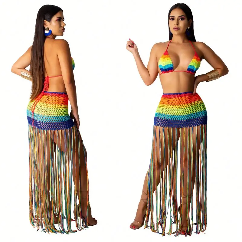 

hand crotchet beach skirt set crop tops two piece skirt set