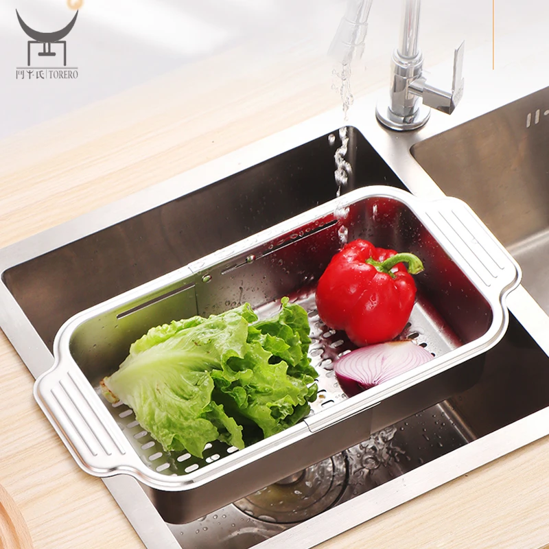 

Kitchen telescopic sink shelf vegetable/fruit washing basket drain basket 304 stainless steel sink organizer drain rack