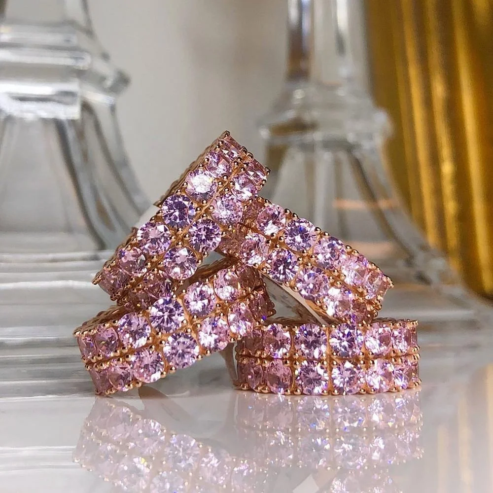 

rose gold pink cubic zirconia cz double row cubic zirconia cz eternity engagement band ring, Silver