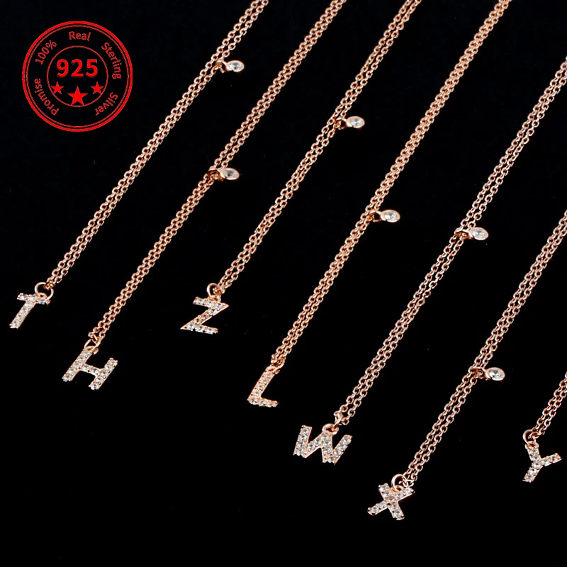 

Sterling Silver European&American Full Diamond Alphabet Letter Pendant Clavicle Chain 925 Woman Initials Necklace jewellery, Rose gold,platinum