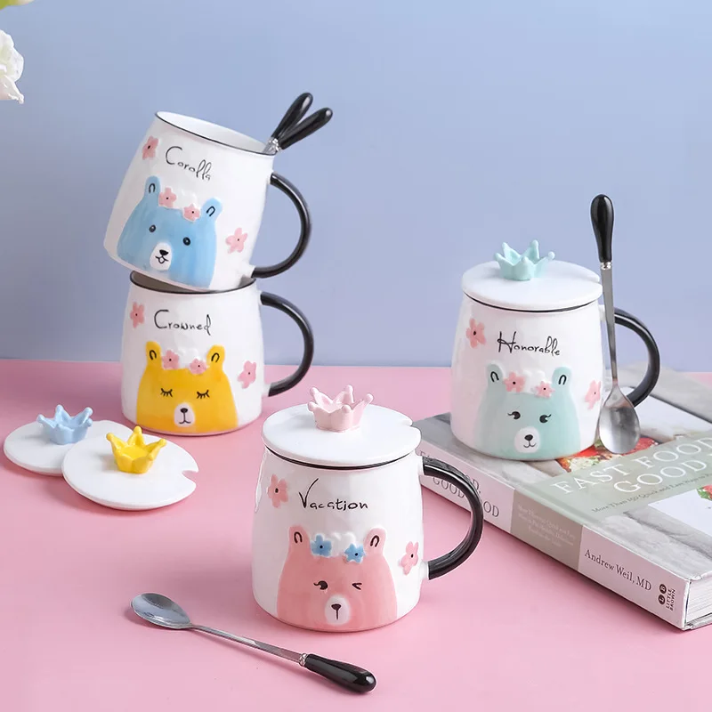 

Wholesale Cartoon Bear Mug Cute Coffee Ceramic Mug with Spoon, Pink, blue, green, yellow