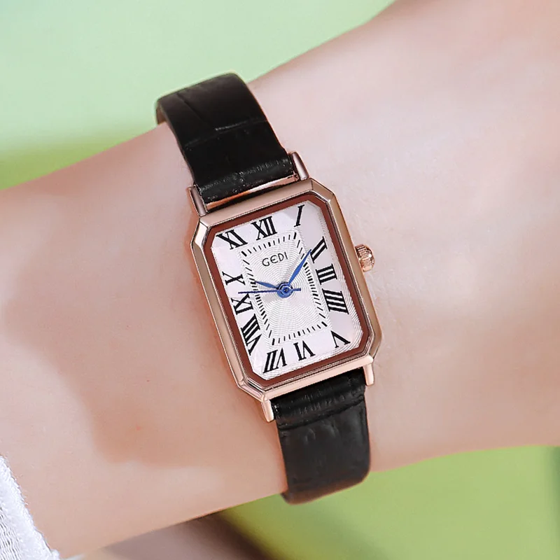 

Blac Leather Strap Rome Numbers Dial Japan Movement Custom Logo Watches For Ladies Automatic Watch Quartz, Optional