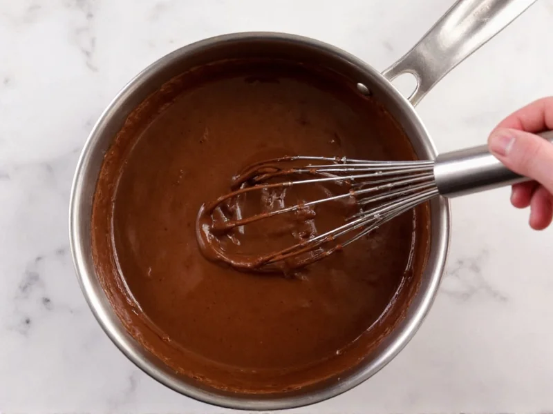 Whisking German chocolate frosting in saucepan